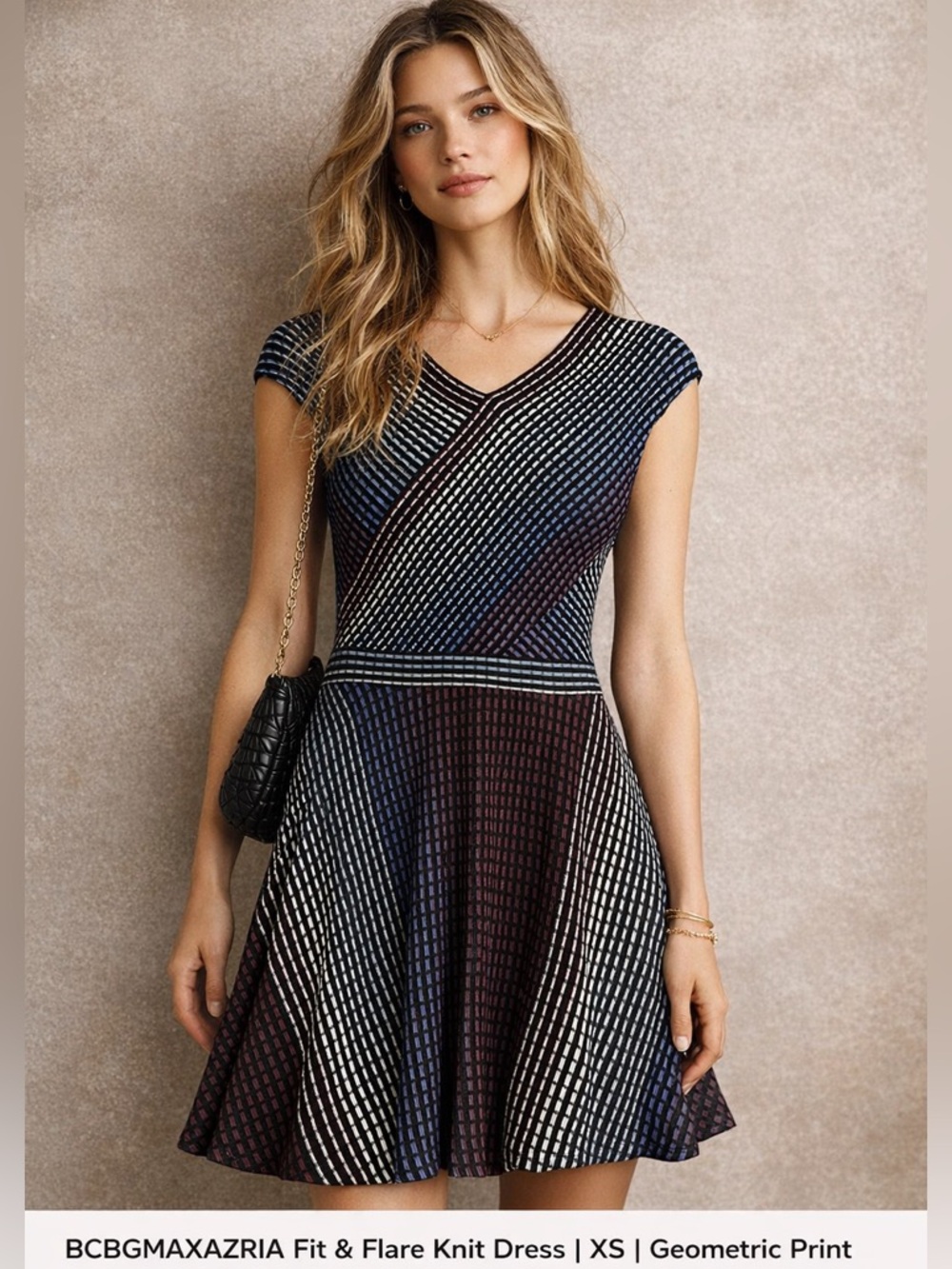 BCBGMaxAzria Black and Metallic Patterned Fit-and-Flare Mini Dress
